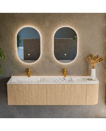 Mondiaz Kurve-Dlux 165cm badmeubel ronding Rechts kleur Oak met 2 lades en 1 deur. Wastafel Stor small Dubbel / Links 2 kraangaten Glace.