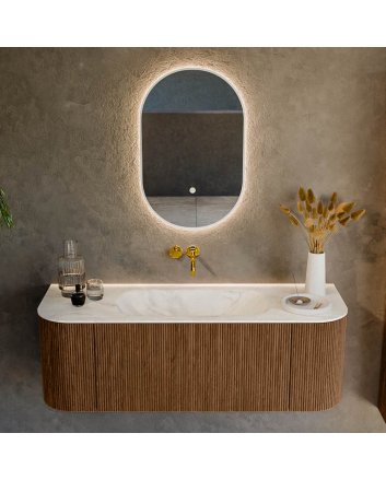 Mondiaz Kurve-Dlux 130cm badmeubel ronding Links + Rechts kleur Walnut met 1 lade en 2 deuren. Wastafel Big small Midden zonder kraangat Ostra.