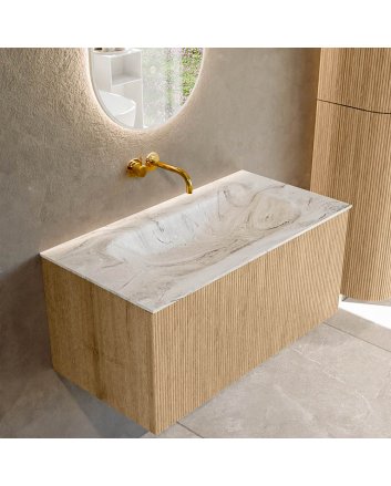 Mondiaz Kurve-Dlux 90cm badmeubel kleur Oak met 1 lade en 0 deuren. Wastafel Big small Midden zonder kraangat Glace.