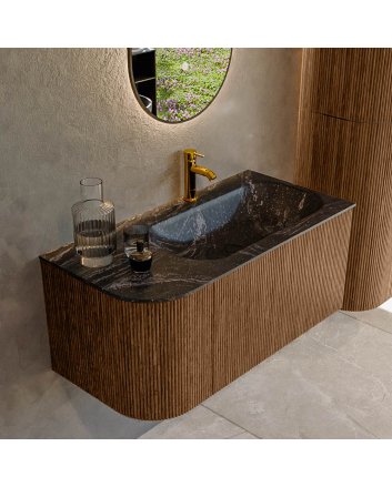 Mondiaz Kurve-Dlux 95cm badmeubel ronding Links kleur Walnut met 1 lade en 1 deur. Wastafel Big small Rechts 1 kraangat Lava.