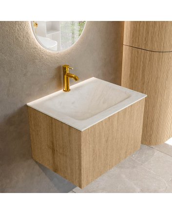 Mondiaz Kurve-Dlux 60cm badmeubel kleur Oak met 1 lade en 0 deuren. Wastafel Cloud Midden 1 kraangat Opalo.