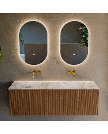 Mondiaz Kurve-Dlux 130cm badmeubel kleur Walnut met 2 lades en 0 deuren. Wastafel Leaf Dubbel zonder kraangat Glace.