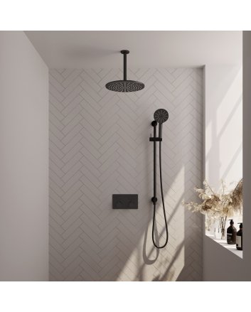 BRAUER Black Edition thermostatische inbouw regendouche met drukknoppen SET 72 met 30 cm douchekop en plafondarm en 3-standen handdouche en doucheslang en geïntegreerde glijstang mat zwart