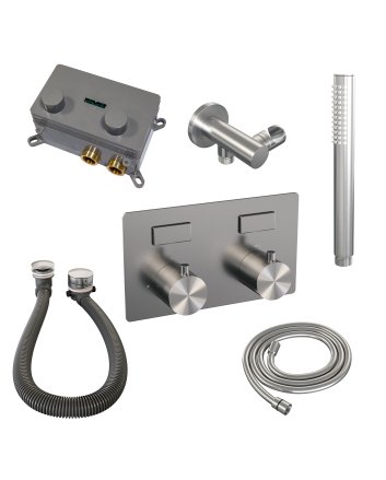 BRAUER Brushed Edition thermostatische inbouw badkraan met drukknoppen SET 03 met badvulcombinatie en staaf handdouche en doucheslang en wandaansluitbocht RVS geborsteld PVD