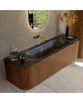 Mondiaz Kurve-Dlux 150cm badmeubel ronding Links + Rechts kleur Walnut met 1 lade en 2 deuren. Wastafel Big medium Midden zonder kraangat Lava.
