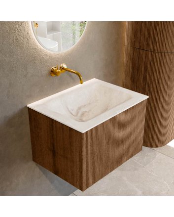 Mondiaz Kurve-Dlux 60cm badmeubel kleur Walnut met 1 lade en 0 deuren. Wastafel Cloud Midden zonder kraangat Frappe.