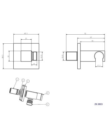 Wandaansluitbocht met handdouchehouder vierkant 1/2" chroom