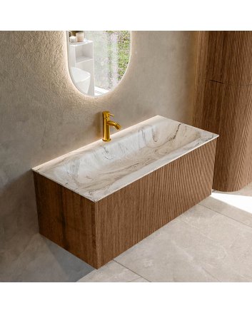 Mondiaz Kurve-Dlux 100cm badmeubel kleur Walnut met 1 lade en 0 deuren. Wastafel Big medium Midden 1 kraangat Glace.
