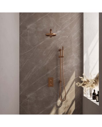 BRAUER Copper Carving thermostatische inbouw regendouche 3-weg omstelling SET 37 met 20 cm douchekop en rechte muurarm en staaf handdouche en doucheslang en geïntegreerde glijstang koper geborsteld PVD