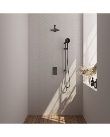 BRAUER Gunmetal Edition thermostatische inbouw regendouche 3-weg omstelling SET 43 met 20 cm douchekop en rechte muurarm en 3-standen handdouche en doucheslang en geïntegreerde glijstang gunmetal geborsteld PVD