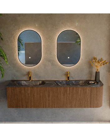 Mondiaz Kurve-Dlux 175cm badmeubel ronding Rechts kleur Walnut met 2 lades en 1 deur. Wastafel Stor small Dubbel / Links 2 kraangaten Lava.