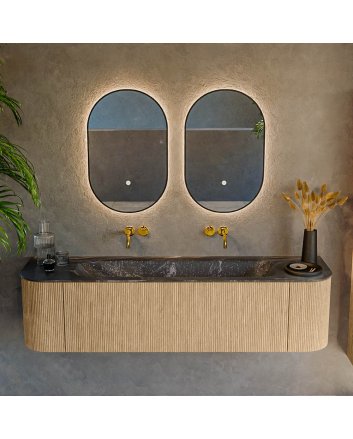 Mondiaz Kurve-Dlux 170cm badmeubel ronding Links + Rechts kleur Oak met 1 lade en 2 deuren. Wastafel Big large Midden zonder kraangat Lava.