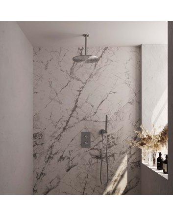BRAUER Brushed Edition thermostatische inbouw regendouche 3-weg omstelling SET 30 met 30 cm douchekop en plafondarm en staaf handdouche en doucheslang en wandaansluitbocht RVS geborsteld PVD