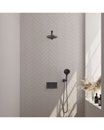 BRAUER Gunmetal Edition thermostatische inbouw regendouche met drukknoppen SET 55 met 20 cm douchekop en rechte muurarm en 3-standen handdouche en doucheslang en wandaansluitbocht gunmetal geborsteld PVD