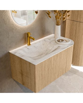 Mondiaz Kurve-Dlux 85cm badmeubel ronding Rechts kleur Oak met 1 lade en 1 deur. Wastafel Cloud Links 1 kraangat Glace.