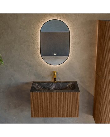 Mondiaz Kurve-Dlux 70cm badmeubel kleur Walnut met 1 lade en 0 deuren. Wastafel Big small Midden 1 kraangat Lava.