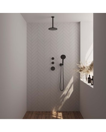 BRAUER Black Carving thermostatische inbouw regendouche SET 11 met 20 cm douchekop en plafondarm en 3-standen handdouche en doucheslang en wandaansluitbocht mat zwart