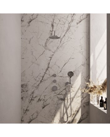 BRAUER Chrome Edition thermostatische inbouw regendouche SET 09 met 20 cm douchekop en gebogen muurarm en 3-standen handdouche en doucheslang en wandaansluitbocht chroom