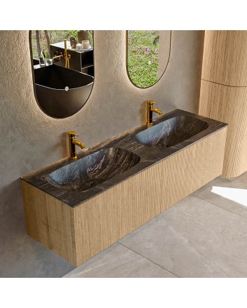 Mondiaz Kurve-Dlux 150cm badmeubel kleur Oak met 2 lades en 0 deuren. Wastafel Stor small Dubbel 2 kraangaten Lava.