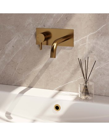 BRAUER Gold Edition inbouw wastafelmengkraan met gebogen uitloop en afdekplaat model E2 goud geborsteld PVD