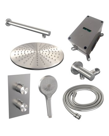 BRAUER Brushed Edition thermostatische inbouw regendouche 3-weg omstelling SET 32 met 30 cm douchekop en rechte muurarm en 3-standen handdouche en doucheslang en wandaansluitbocht RVS geborsteld PVD