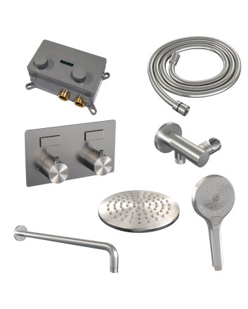 BRAUER Brushed Carving thermostatische inbouw regendouche met drukknoppen SET 57 met 20 cm douchekop en gebogen muurarm en 3-standen handdouche en doucheslang en wandaansluitbocht RVS geborsteld PVD
