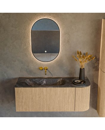 Mondiaz Kurve-Dlux 115cm badmeubel ronding Rechts kleur Oak met 1 lade en 1 deur. Wastafel Big small Links zonder kraangat Lava.