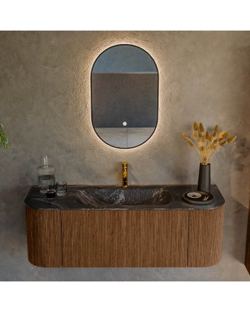 Mondiaz Kurve-Dlux 130cm badmeubel ronding Links + Rechts kleur Walnut met 1 lade en 2 deuren. Wastafel Big small Midden 1 kraangat Lava.