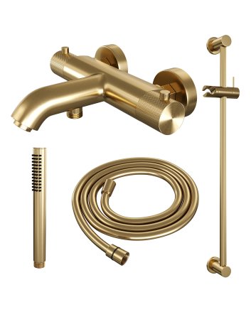 BRAUER Gold Carving opbouw baddouche thermostaatkraan SET 01 met glijstang en staaf handdouche en doucheslang goud geborsteld PVD