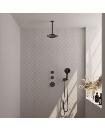 BRAUER Gunmetal Edition thermostatische inbouw regendouche SET 11 met 20 cm douchekop en plafondarm en 3-standen handdouche en doucheslang en wandaansluitbocht gunmetal geborsteld PVD