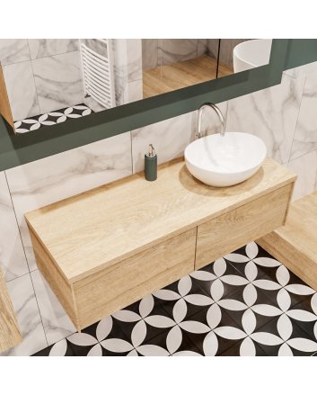 Mondiaz Lush 120 badmeubel washed oak 2 lades wastafel Barco rechts 1 kraangat