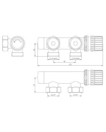 Thermostatisch onderblok 3/4", haaks-links, geborsteld staal