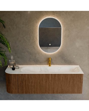 Mondiaz Kurve-Dlux 145cm badmeubel ronding Links kleur Walnut met 1 lade en 1 deur. Wastafel Big large Rechts 1 kraangat Ostra.