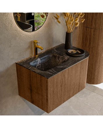 Mondiaz Kurve-Dlux 75cm badmeubel ronding Rechts kleur Walnut met 1 lade en 1 deur. Wastafel Grunne Links 1 kraangat Lava.
