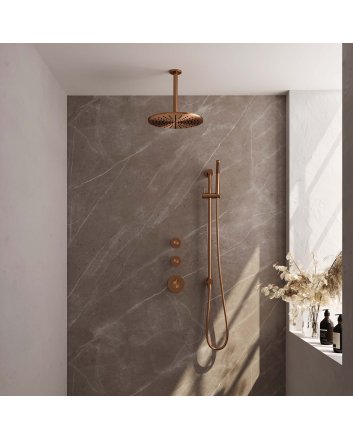 BRAUER Copper Carving thermostatische inbouw regendouche SET 18 met 30 cm douchekop en plafondarm en staaf handdouche en doucheslang en geïntegreerde glijstang koper geborsteld PVD