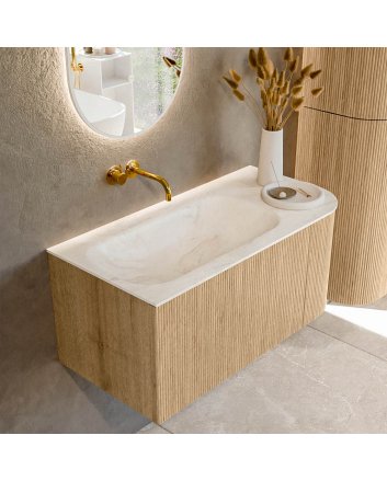 Mondiaz Kurve-Dlux 95cm badmeubel ronding Rechts kleur Oak met 1 lade en 1 deur. Wastafel Big small Links zonder kraangat Ostra.