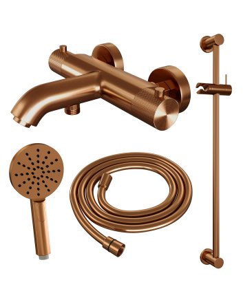 BRAUER Copper Carving opbouw baddouche thermostaatkraan SET 02 met glijstang en 3-standen handdouche en doucheslang koper geborsteld PVD