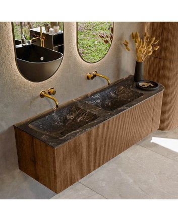 Mondiaz Kurve-Dlux 145cm badmeubel ronding Rechts kleur Walnut met 1 lade en 1 deur. Wastafel Leaf Dubbel / Links zonder kraangat Lava.