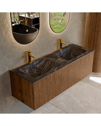 Mondiaz Kurve-Dlux 130cm badmeubel kleur Walnut met 2 lades en 0 deuren. Wastafel Leaf Dubbel 2 kraangaten Lava.