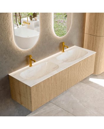 Mondiaz Kurve-Dlux 150cm badmeubel kleur Oak met 2 lades en 0 deuren. Wastafel Stor small Dubbel 2 kraangaten Ostra.