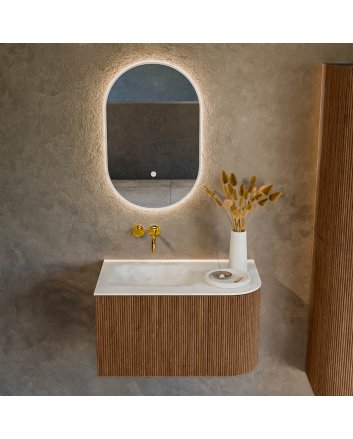 Mondiaz Kurve-Dlux 75cm badmeubel ronding Rechts kleur Walnut met 1 lade en 1 deur. Wastafel Grunne Links zonder kraangat Opalo.