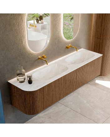 Mondiaz Kurve-Dlux 175cm badmeubel ronding Links kleur Walnut met 2 lades en 1 deur. Wastafel Stor small Dubbel / Rechts zonder kraangat Ostra.