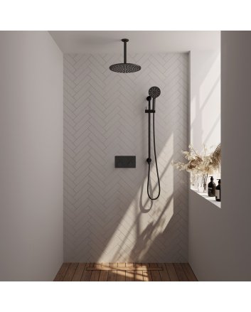 BRAUER Black Edition thermostatische inbouw regendouche met drukknoppen SET 72 met 30 cm douchekop en plafondarm en 3-standen handdouche en doucheslang en geïntegreerde glijstang mat zwart