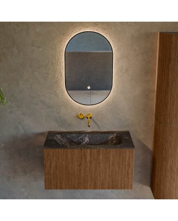 Mondiaz Kurve-Dlux 80cm badmeubel kleur Walnut met 1 lade en 0 deuren. Wastafel Big small Midden zonder kraangat Lava.