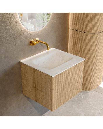 Mondiaz Kurve-Dlux 50cm badmeubel kleur Oak met 1 lade en 0 deuren. Wastafel Grunne Midden zonder kraangat Opalo.