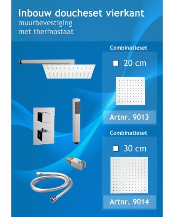 Sani DeLuxe Doucheset inbouw met thermostaat, muurbevestiging / douchekop 20 cm vierkant Chroom