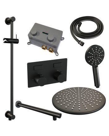 BRAUER Black Carving thermostatische inbouw regendouche met drukknoppen SET 68 met 30 cm douchekop en rechte muurarm en 3-standen handdouche en doucheslang en geïntegreerde glijstang mat zwart