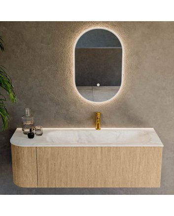 Mondiaz Kurve-Dlux 135cm badmeubel ronding Links kleur Oak met 1 lade en 1 deur. Wastafel Big medium Rechts 1 kraangat Ostra.