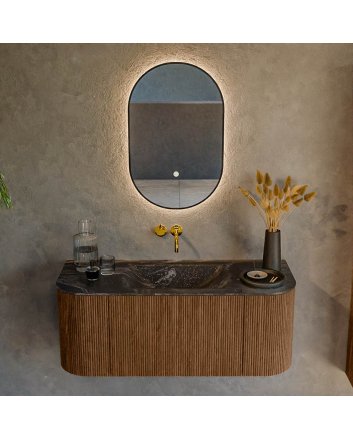 Mondiaz Kurve-Dlux 110cm badmeubel ronding Links + Rechts kleur Walnut met 1 lade en 2 deuren. Wastafel Cloud Midden zonder kraangat Lava.
