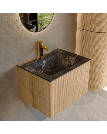 Mondiaz Kurve-Dlux 60cm badmeubel kleur Oak met 1 lade en 0 deuren. Wastafel Cloud Midden 1 kraangat Lava.